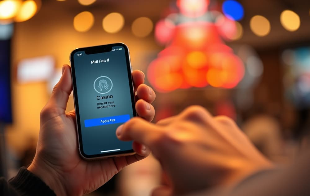 En person som bruker Apple Pay på iPhone for å sette inn penger på et casino. Face ID-skjermen vises.