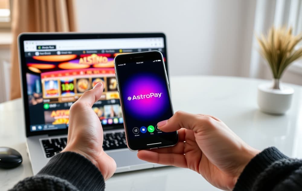 Person med mobiltelefon som viser AstroPay-appen, ved siden av en laptop med et nettcasino på skjermen.