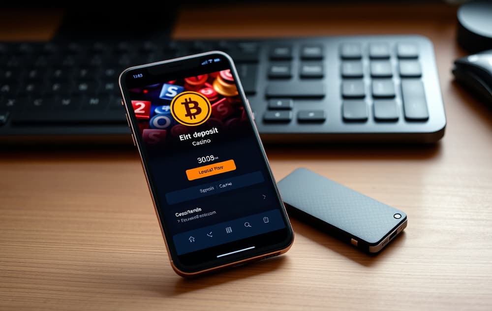 Smarttelefon med Bitcoin-innskudd på casino, ved siden av en Ledger-lommebok