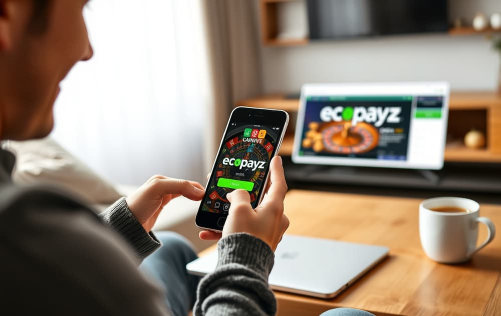 Person som bruker Ecopayz på mobilen for innskudd på nettcasino