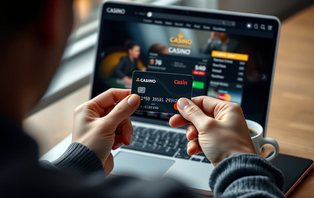En person som holder et Mastercard debetkort foran en laptop med casinoets kasse åpen.