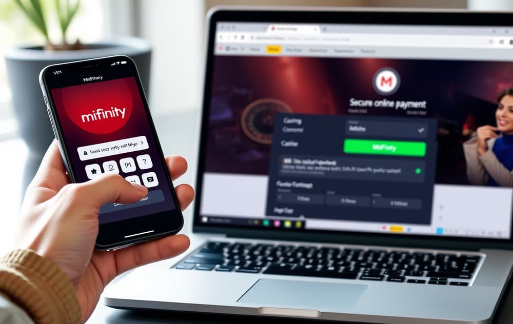 Person med mobiltelefon som viser MiFinity-appen ved siden av en bærbar PC med casino-kasse