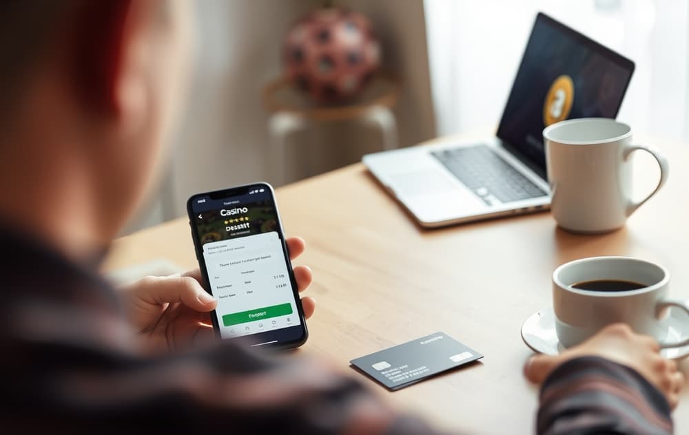 Person som setter inn penger på casino med mobiltelefon og bankkort synlig på bordet.