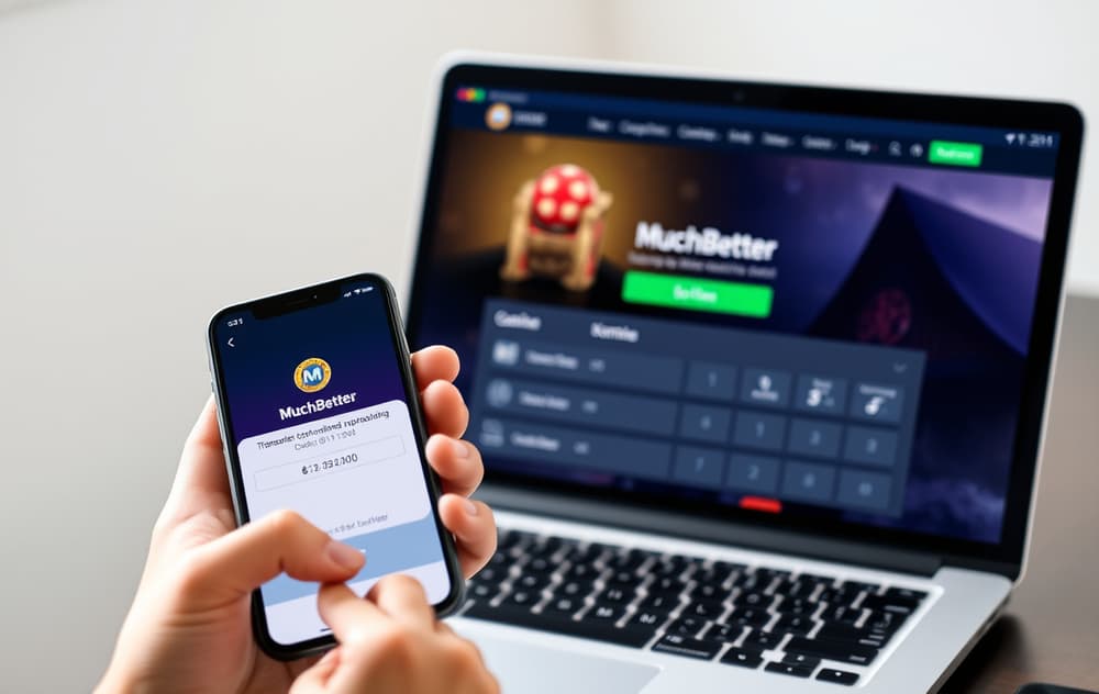 Person med mobiltelefon som viser MuchBetter-appen, med casinoets kasse i bakgrunnen.