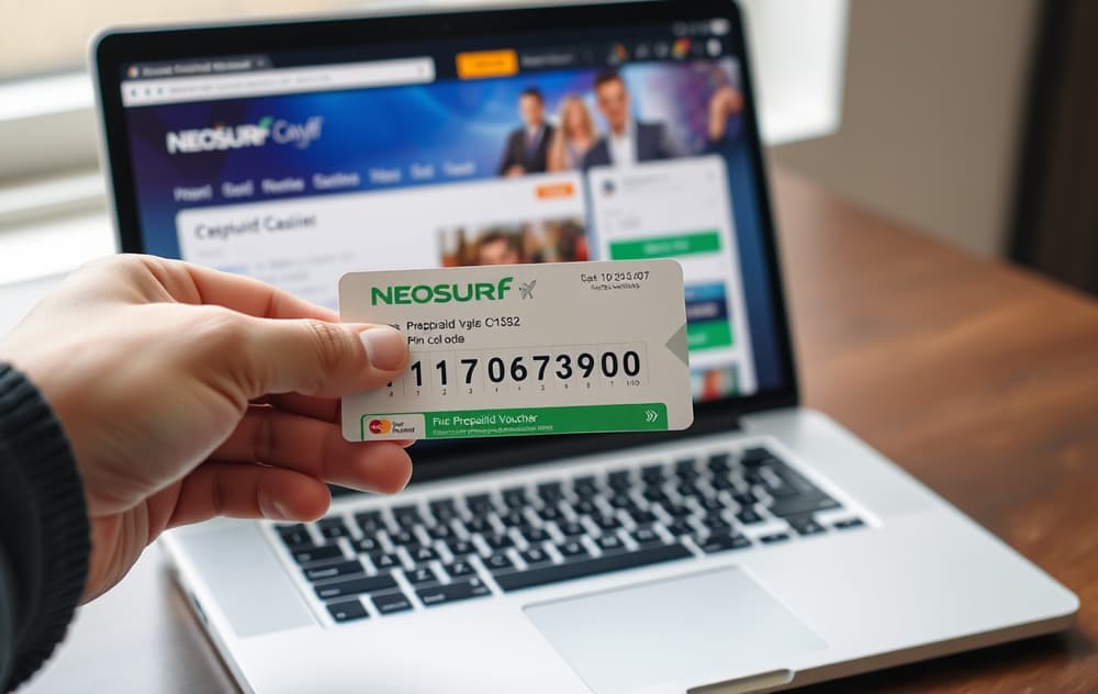 Person med Neosurf-kupong foran laptop med casino-kasse