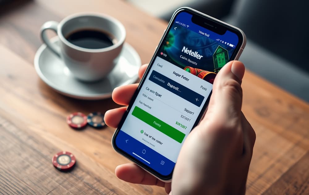 Smarttelefon med Neteller-appen og et casino i bakgrunnen, på et trebord med kaffekopp og sjetong.