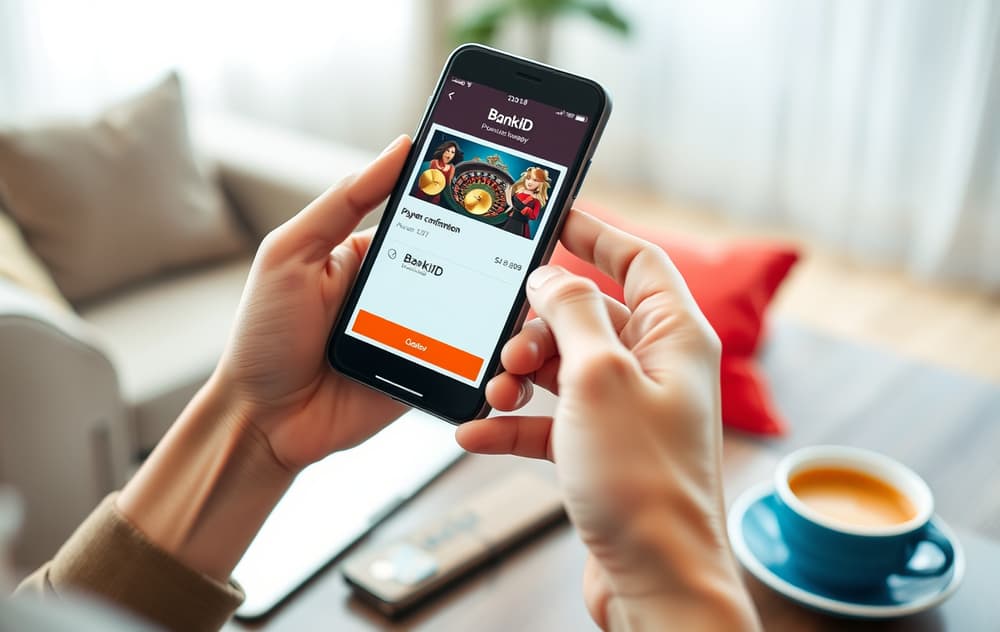 Person som holder en mobiltelefon med casino- og BankID-grensesnitt på skjermen