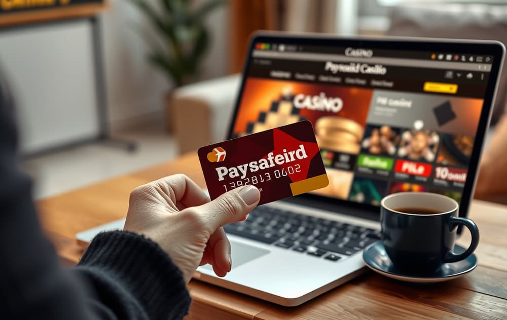 En person holder et Paysafecard foran en laptop med et casino nettsted åpent.