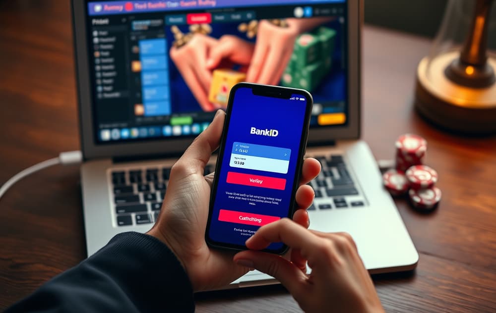 Person med mobiltelefon som viser BankID-bekreftelse for Zimpler-betaling på casino.