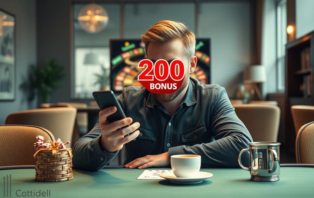 En person sitter i en stue og ser på en mobiltelefon som viser en 200 kr gratis bonus på et casino-nettsted.