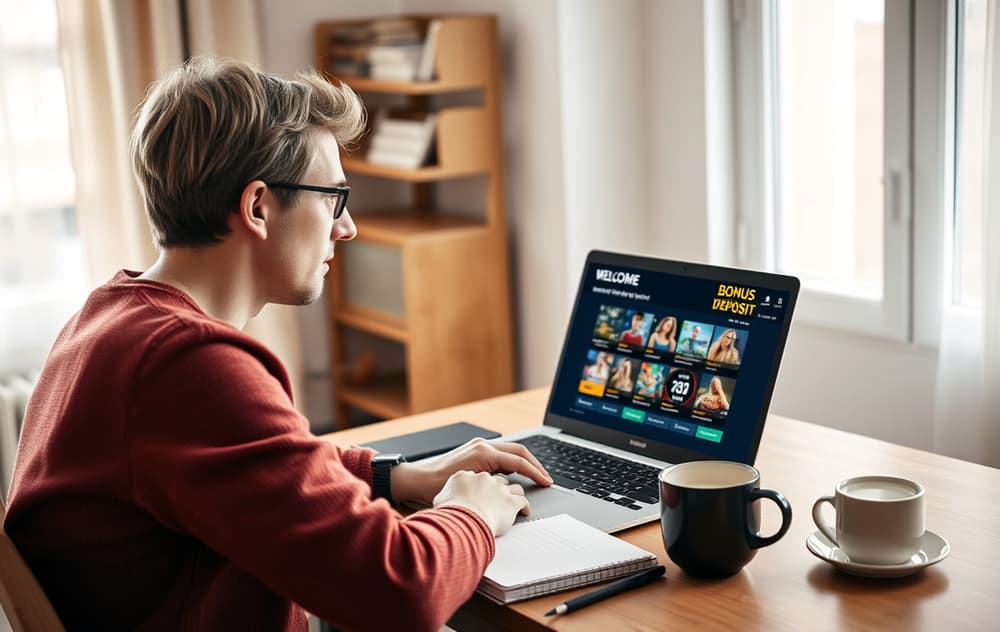 En person i 30-årene sitter ved et skrivebord hjemme og ser på en bærbar PC med en casino-bonus uten innskudd på skjermen. Kaffekopp og notatbok på bordet. Norsk interiør, naturlig lys.