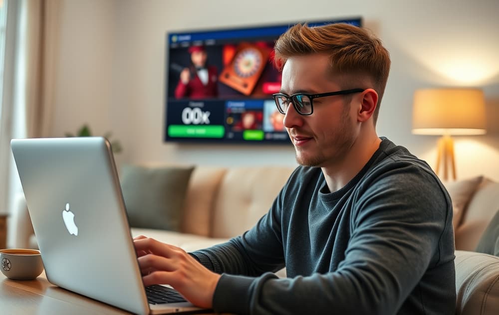 Norsk spiller som ser på casino bonus uten omsetningskrav på laptop.
