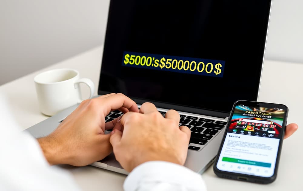En person som skriver en bonuskode på et tastatur, med kaffekopp og mobiltelefon ved siden av.