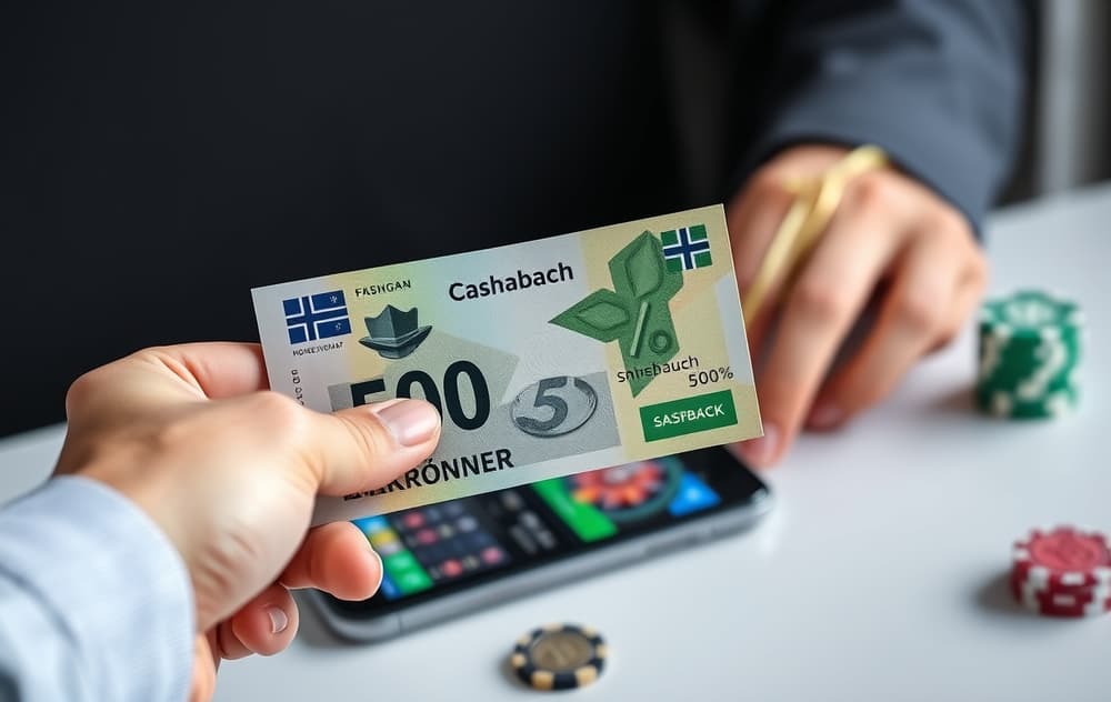 Hånd som holder en norsk 500-lapp med cashback-symbol, kasinochips og mobiltelefon med casino-app i bakgrunnen.