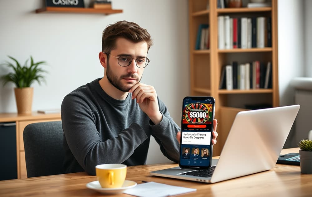 En person som sitter ved et skrivebord og vurderer et casino-bonustilbud på mobilen, med kaffekopp og laptop.