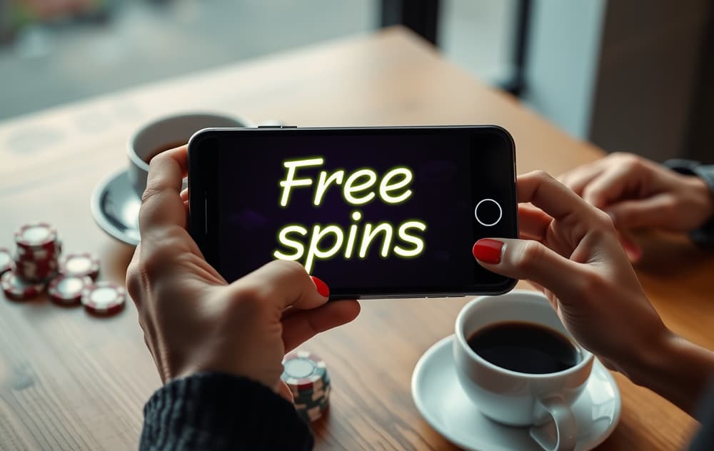 Person med smarttelefon som viser freespins på en spilleautomat, med casinochips og kaffekopp på bordet