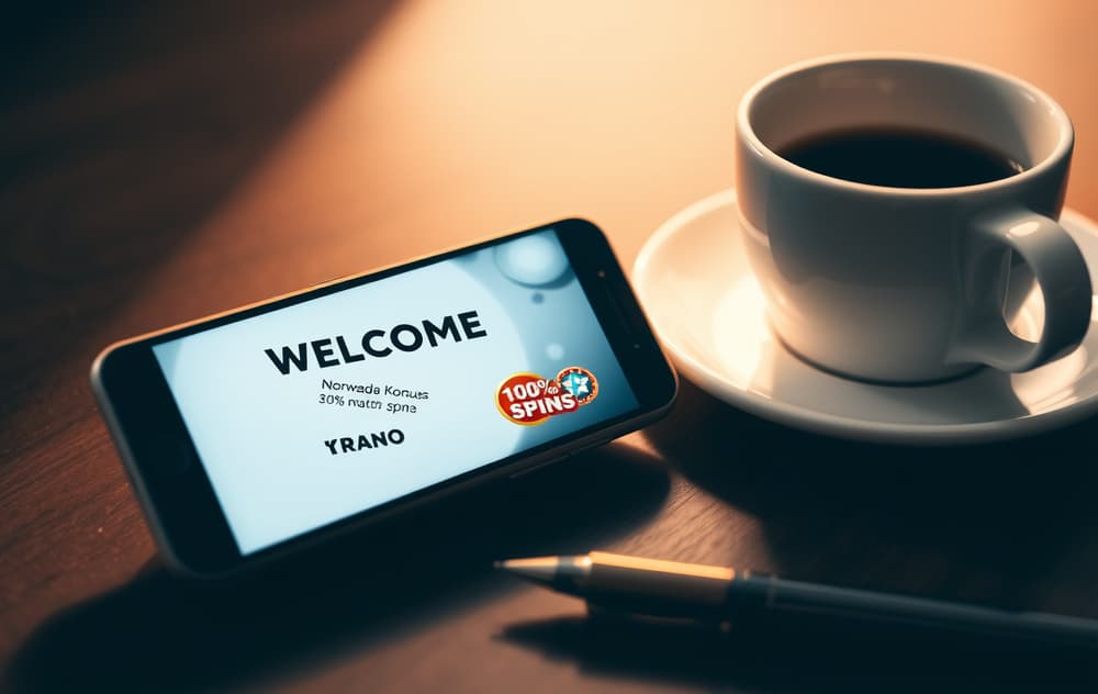 Smarttelefon som viser et velkomstbonustilbud med norske kroner og gratisspinn, ved siden av en kopp kaffe og en penn