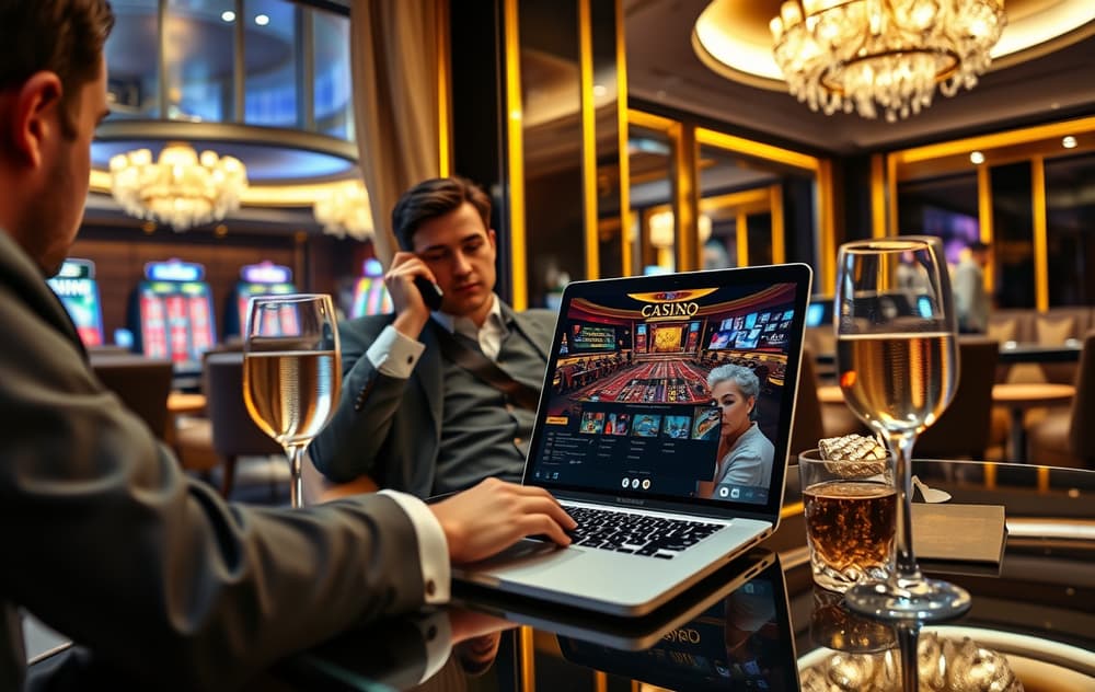 VIP-lounge med spiller på telefon, champagne og laptop med casino-lobby, luksuriøs fotorealistisk stil.