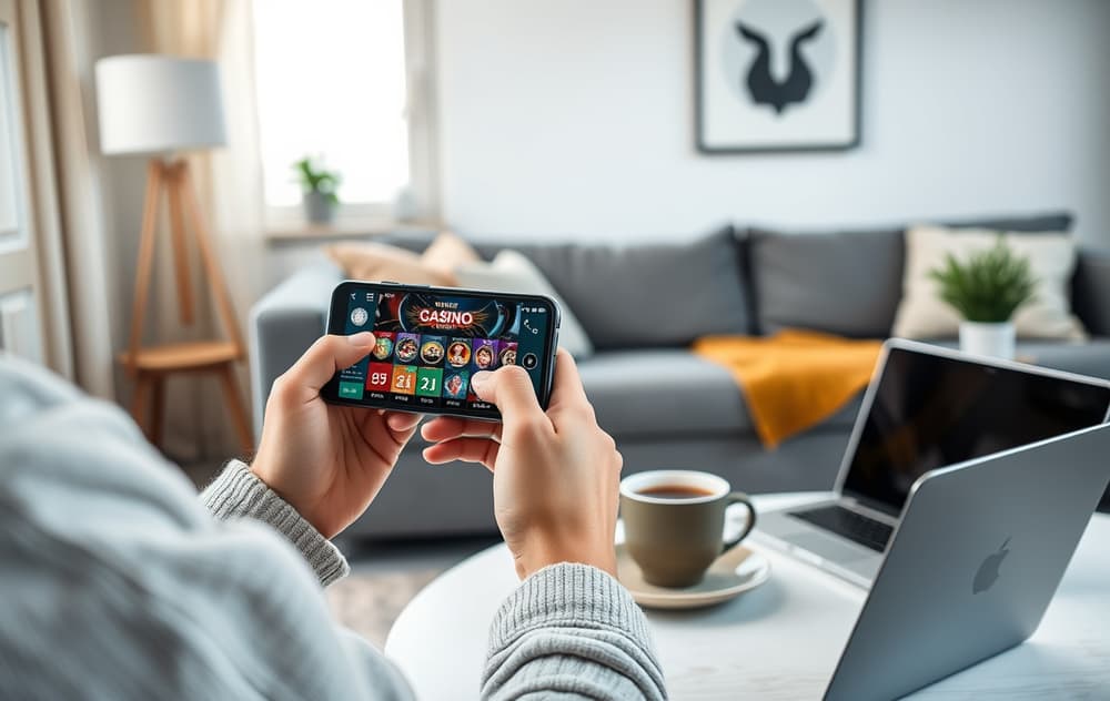 Person som spiller casino spill på mobilen i en norsk stue