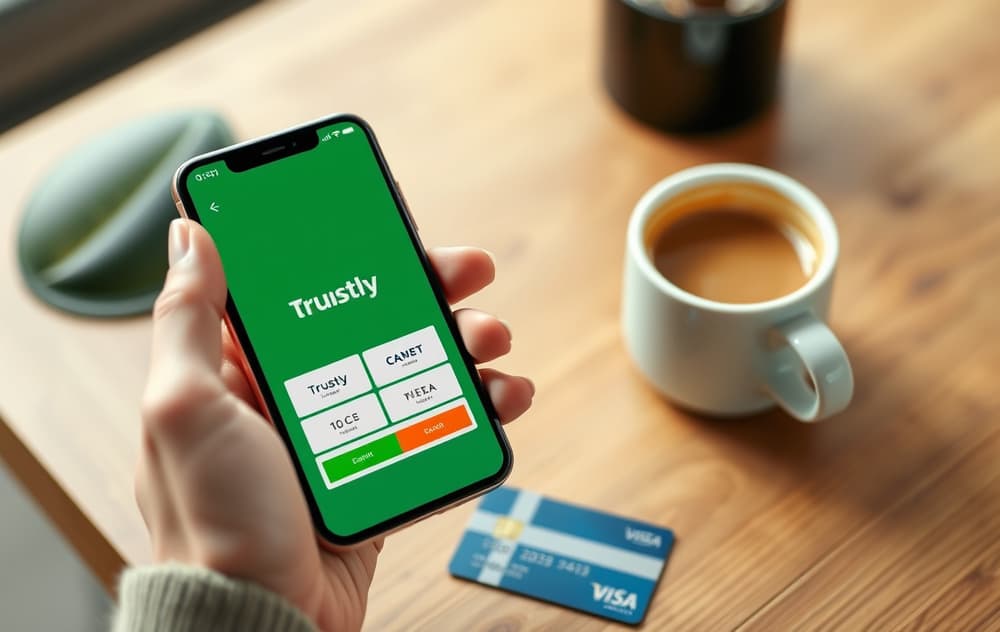 Hånd som holder smarttelefon med betalingsapper for casino, ved siden av kaffekopp og norsk bankkort.