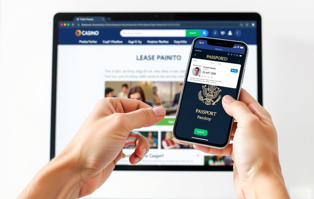 Person som verifiserer identitet med pass og mobiltelefon