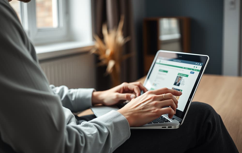 En person som sjekker lisensinformasjon på et nettcasino, med forstørrelsesglass over footer-seksjonen.