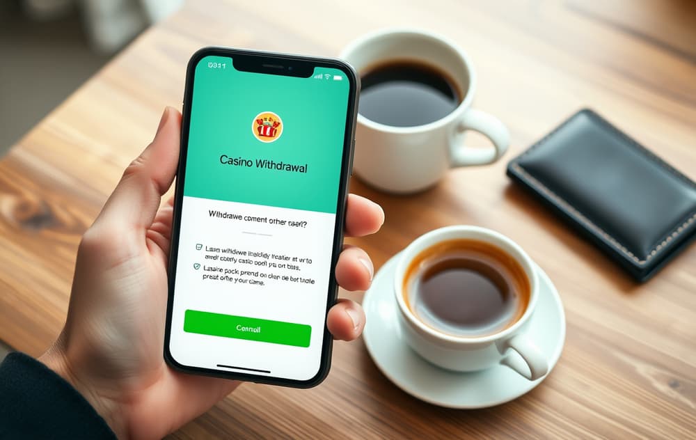 Person med smarttelefon som viser bekreftelse på casino uttak, med kaffekopp og lommebok på bordet.