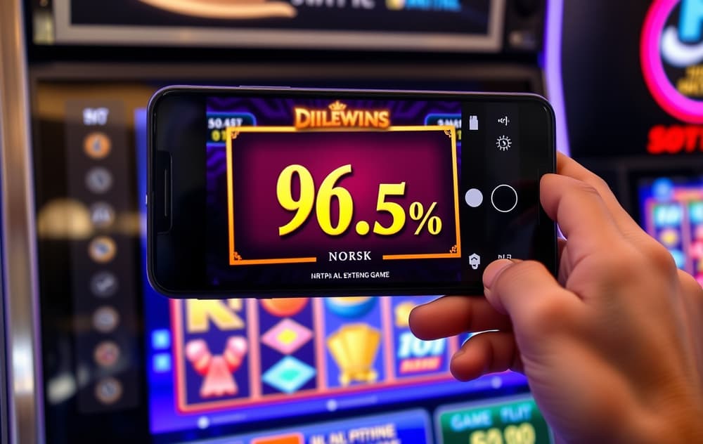 Spilleautomat med RTP 96,5 % i spillinfo, en spiller fotograferer skjermen med mobilen