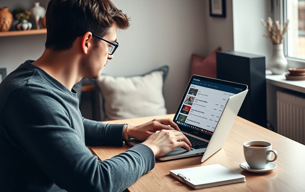 En person sitter ved et skrivebord og sammenligner casinoer på en bærbar PC, med en kopp kaffe og notatblokk.