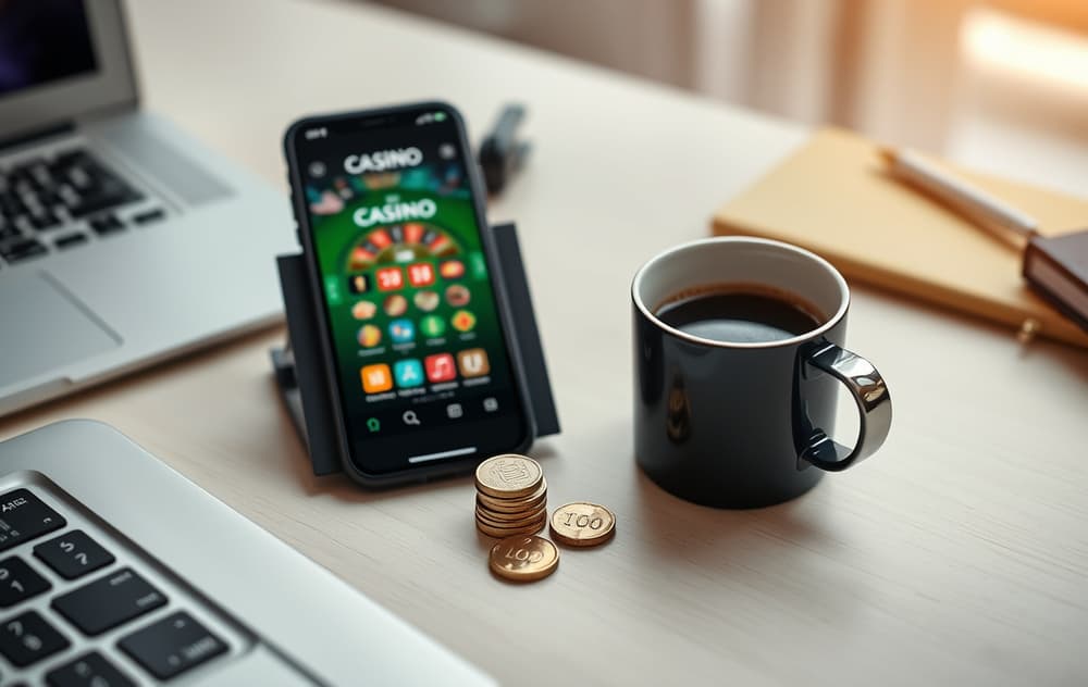 Spiller med mobil og kontanter ved skrivebord – lavt innskudd casino.