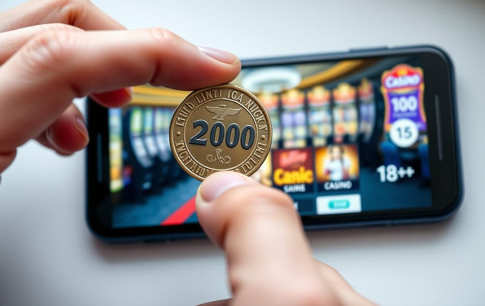 Hånd som holder en norsk 100-krone over en mobilskjerm med casinospill og 18+-symbol