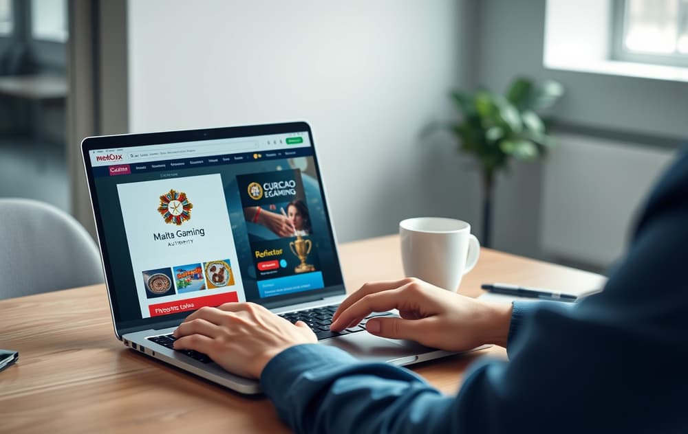 En person sammenligner to casinoer på en bærbar PC – ett med MGA-lisens og ett med Curaçao-lisens.
