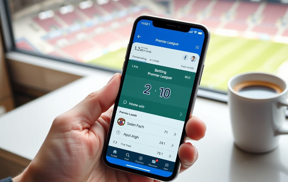 Person som holder mobil med fotballodds-app, live odds for Premier League-kamp