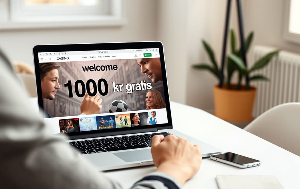 Person som sitter ved et skrivebord med laptop som viser et casino-tilbud med 100 kr gratis
