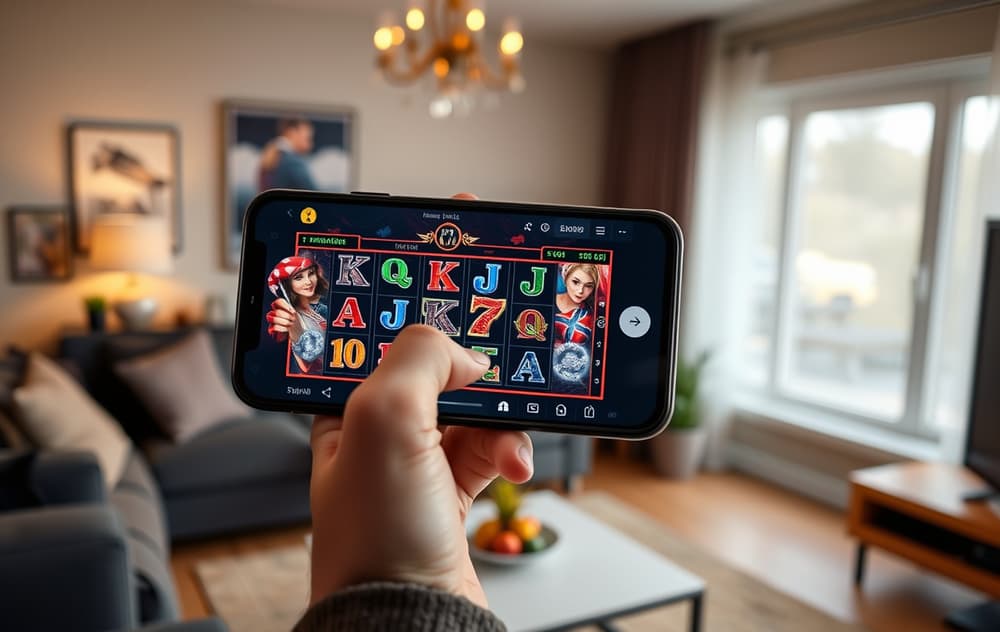 Person som spiller mobilcasino på smarttelefon i stuen.