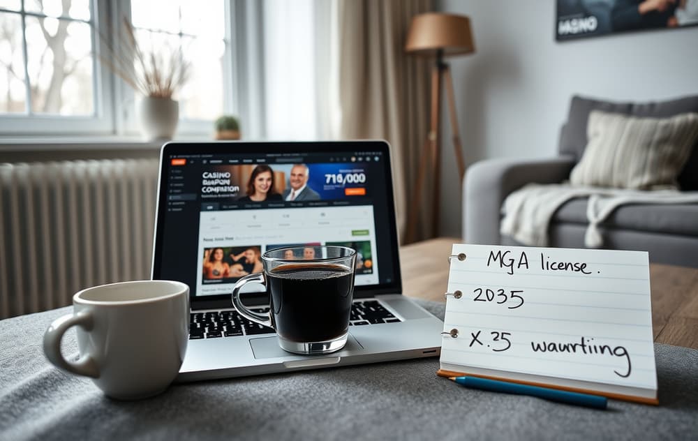 En norsk stue med laptop som viser en sammenligningsside for nettcasino, notatbok med notater om lisens og omsetningskrav.