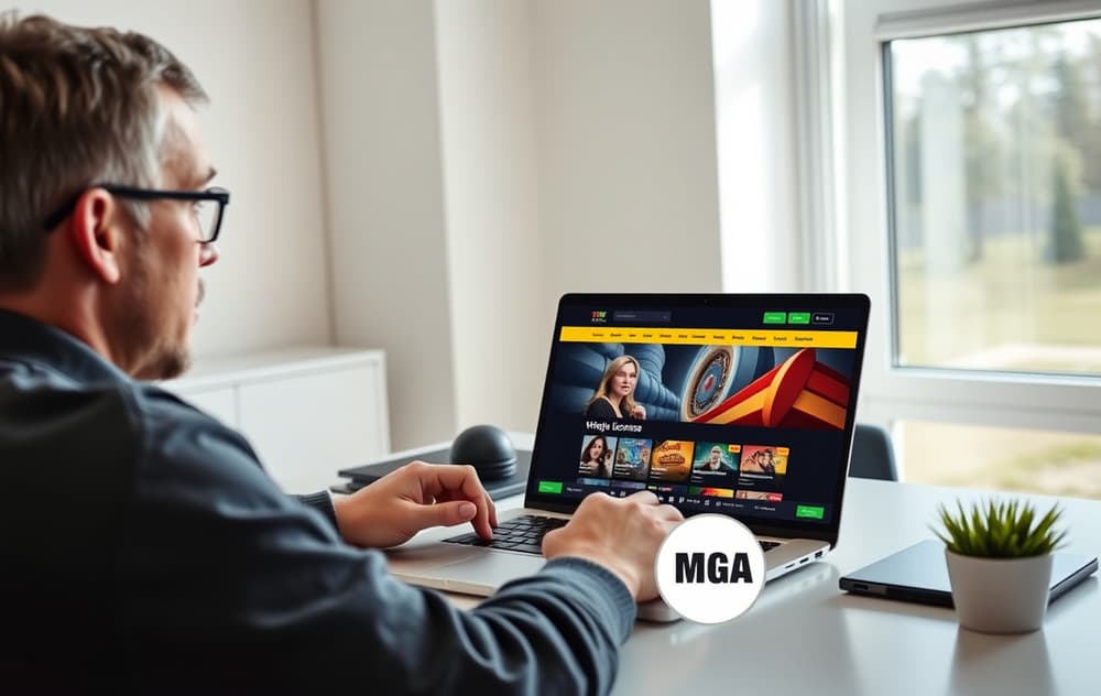 En person sammenligner norske casino på to skjermer, med MGA-lisens synlig i bunnteksten.