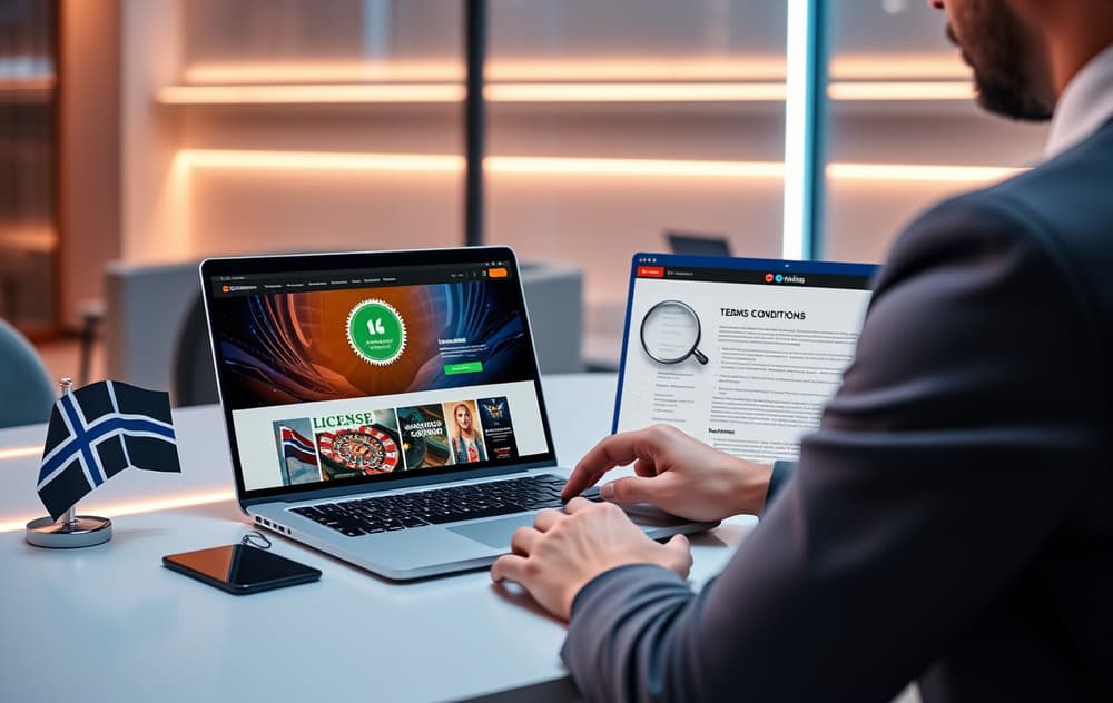 En person sammenligner casinoer på en bærbar PC med fokus på lisens og vilkår