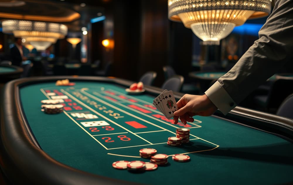 Live baccarat-bord med ekte dealer og kortstokk.
