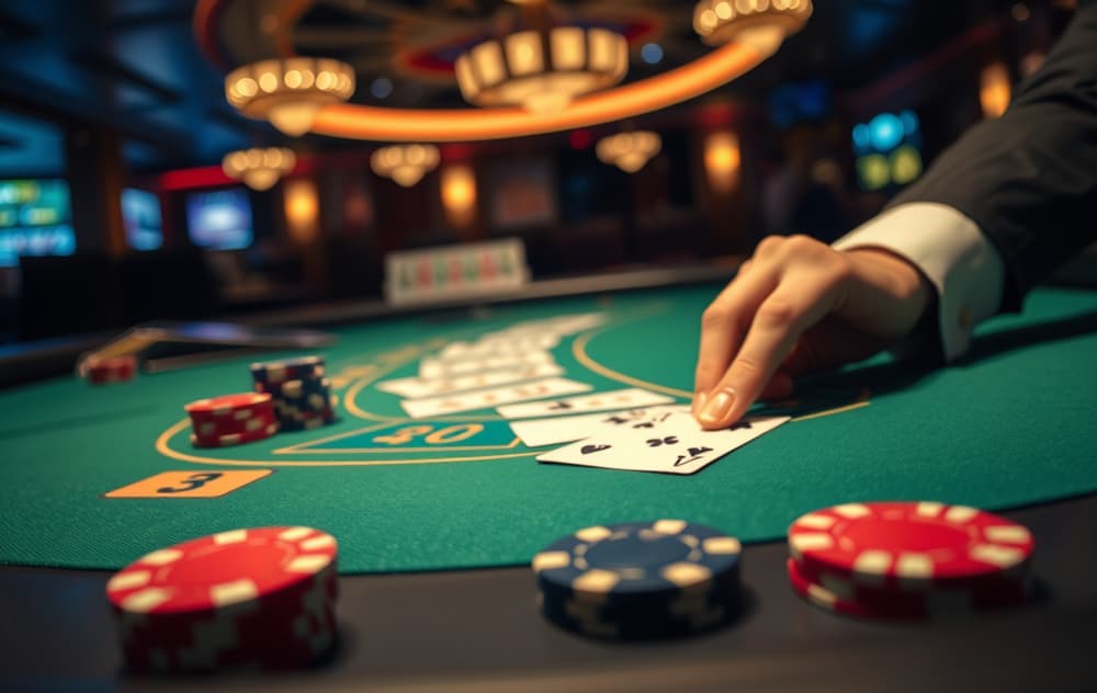 Blackjack-bord med kort og sjetonger i et casino