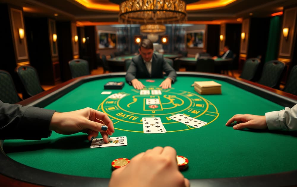 Live dealer blackjack bord med kort og sjetonger på grønt filt, studiooppsett