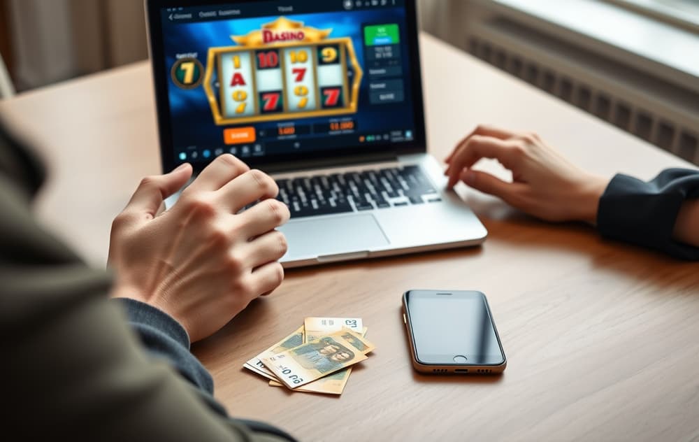 En person spiller casinospill på en bærbar PC med en kopp kaffe og norske sedler ved siden av.