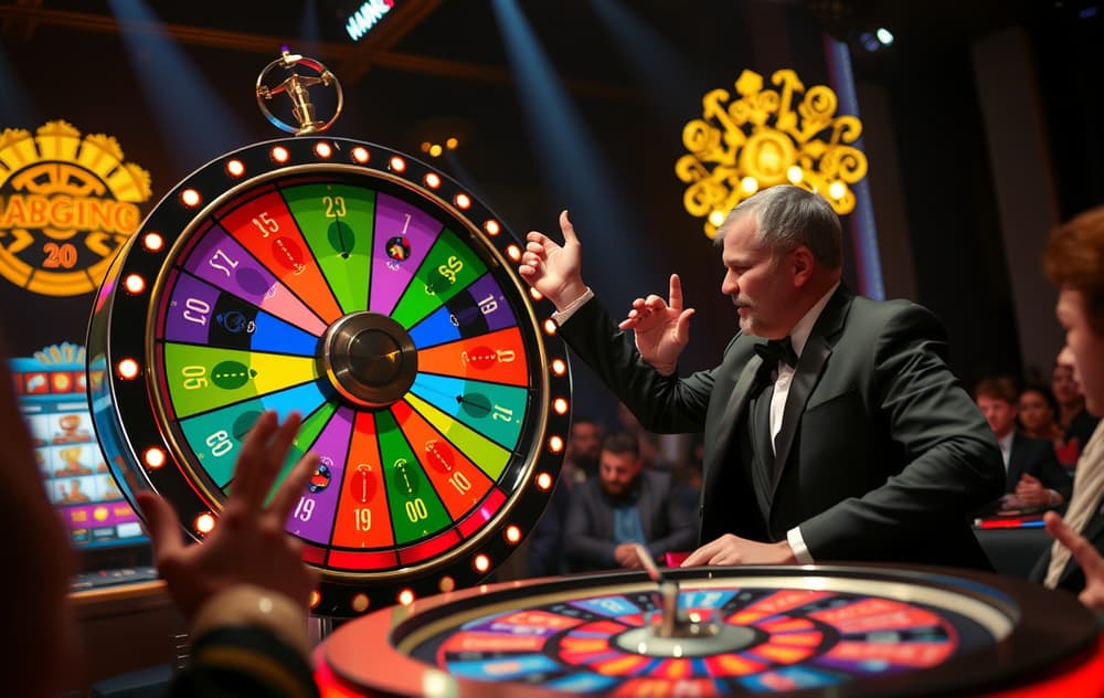 Live casino-vert spinner et stort fargerikt hjul med bonussegmenter, publikum jubler, høy energi.
