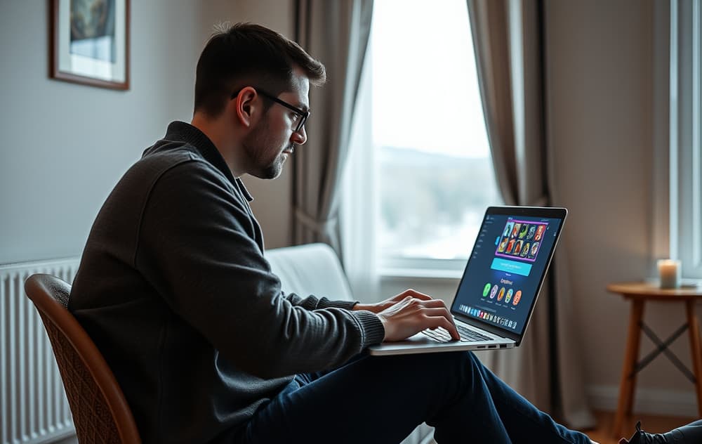 En person spiller en gratis spilleautomat på en laptop, demomodus med virtuelle penger.