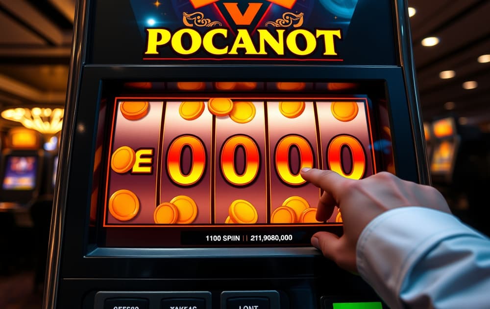 Jackpot-teller på spilleautomat med norske kroner, gullmynter og spillerhånd som trykker på spinn-knappen