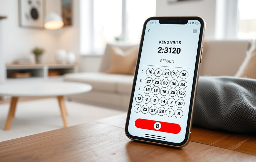 Nærbilde av en Keno-kupong og mobilskjerm med resultater