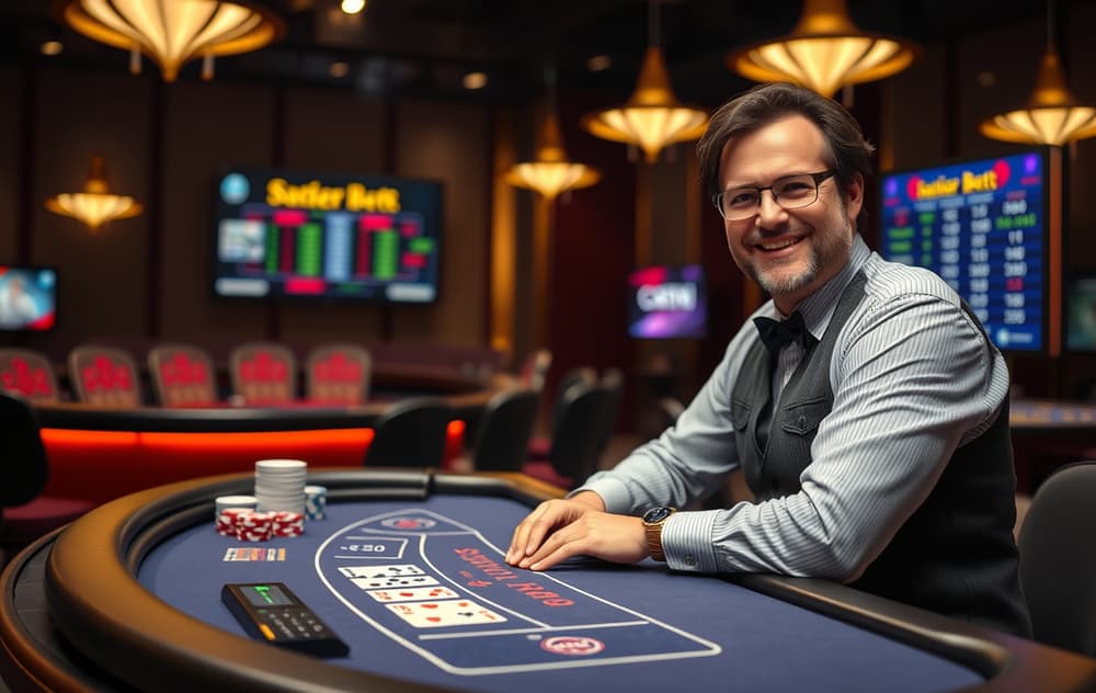 Live casino dealer i studio med blackjack-bord, sjetonger og skjerm.