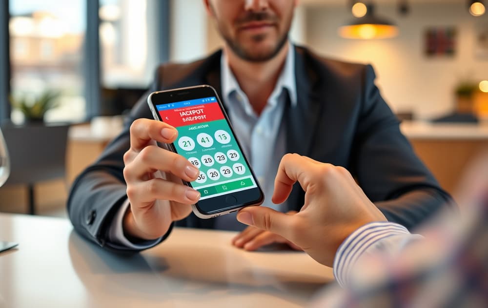 En person som holder en mobiltelefon med en norsk lotto-app, med tall og jackpot-beløp synlig på skjermen