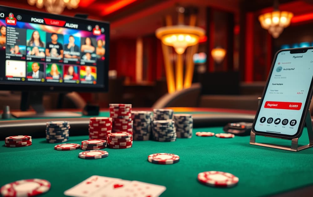 Pokerbord med sjetonger og kort, dataskjerm med online poker og smarttelefon med betalingsapp