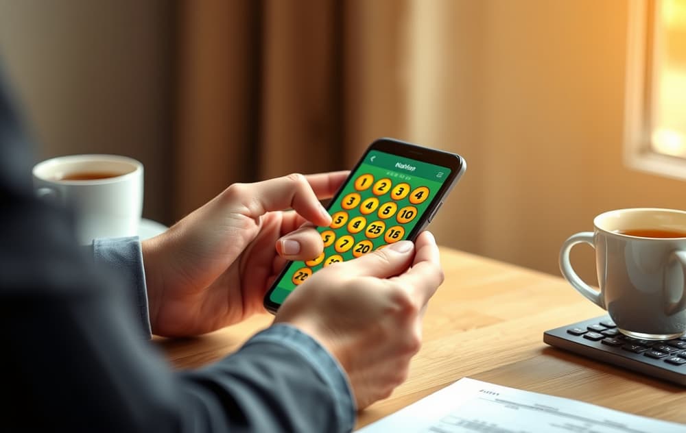 Person som skraper et digitalt skrapelodd på en mobiltelefon, med kalkulator og kaffe på bordet